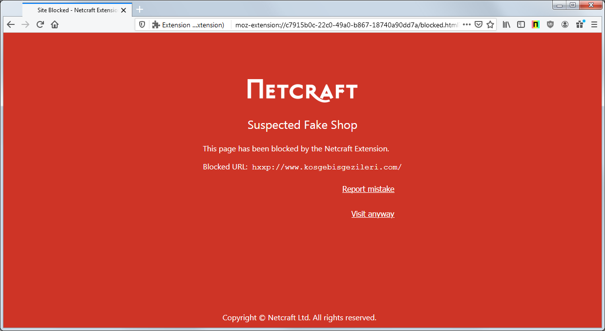 Visiting a fake shop with the Netcraft extension