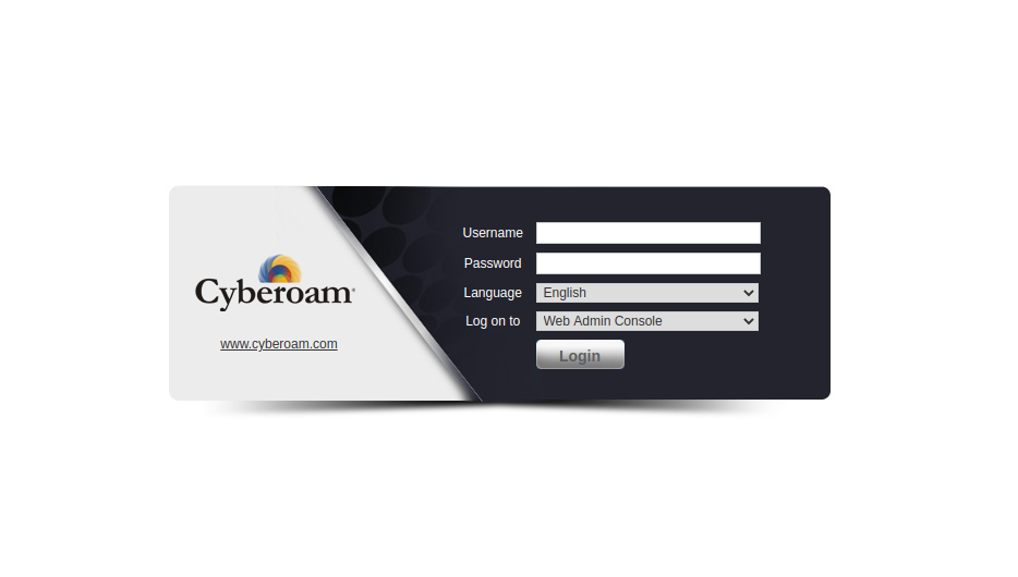 A Cyberoam firewall 'Web Admin Console' login page, with username, password, and language fields.