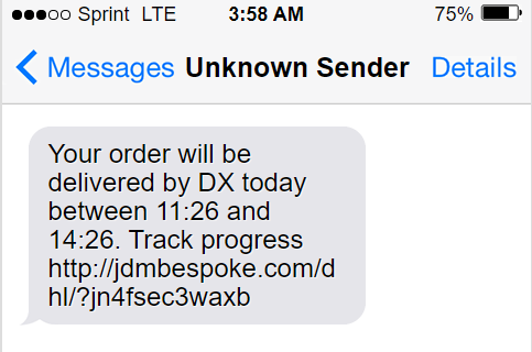 A scam text reading: Your order will be delivered by DX today between 11:26 and 14:26. Track progress