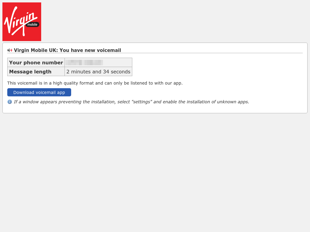 A fake Virgin Mobile lure page asking the user to download a 