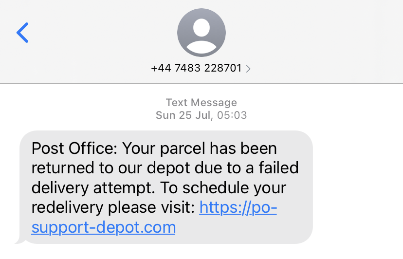 A text message luring victims to a Post Office phishing site.