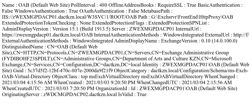 Screenshot of the OWA web shell on the autodiscover.kzndac.gov.za hostname, which disguises itself as a variable dump