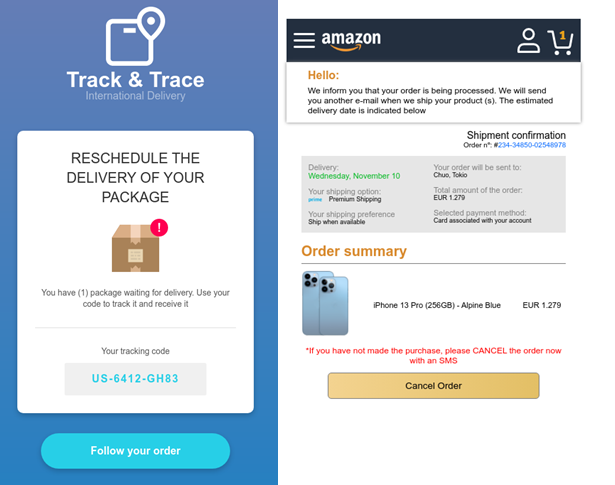 Examples where the victim is directed to another type of scam. A package scam and an Amazon fake order scam are shown
