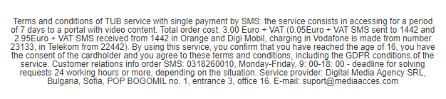 Small print on a SMS subscription scam destination