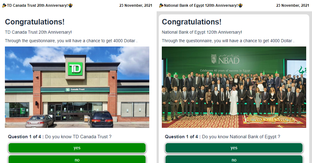 Examples of bank-themed survey scams seen by Netcraft