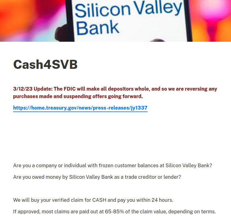 A screenshot of a website claiming to buy verified claims for cash