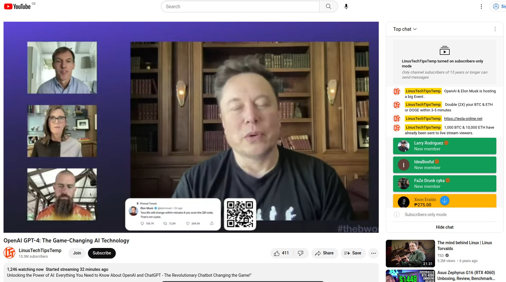 Screenshot while the attack was active showing the URL of the scam being promoted in live chat and via QR code.  At this point, the channel name was changed to LinusTechTipsTemp.
