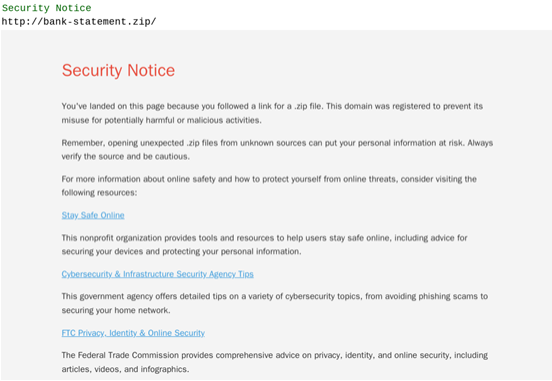 Security notice displayed on bank-statement[.]zip