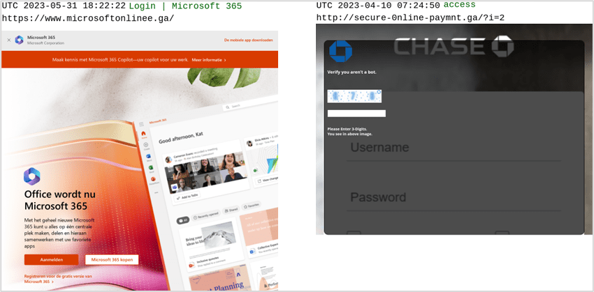 Figure 2 Phishing sites using the .ga ccTLD to targeting Chase Bank and Microsoft.