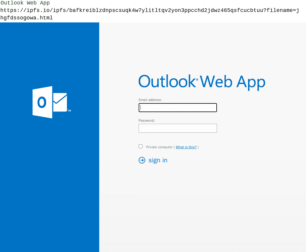 Screenshot of a phishing site targeting Microsoft hosted on IPFS.