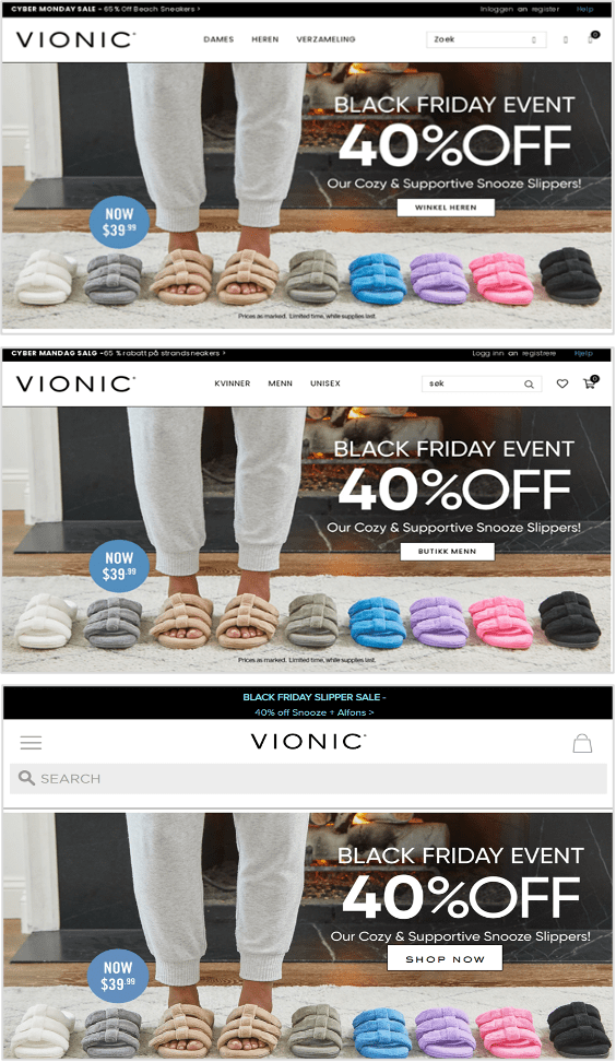 Screenshot of fake Vionic shop