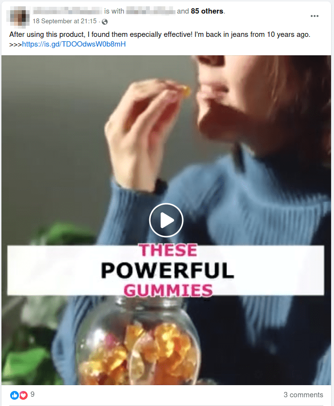 A screenshot of an advert posted by a compromised facebook account.